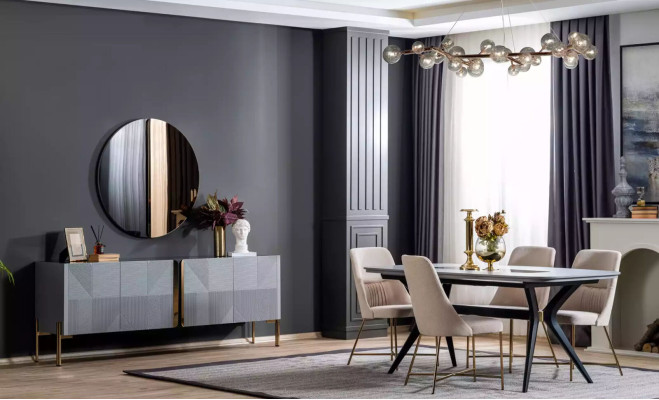 Modern, definitely beautiful table with chairs in gray and beige tones