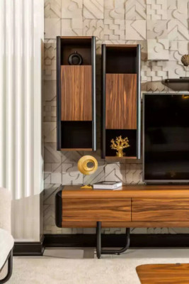 A beautiful loft-style TV wardrobe with wall shelves that will give your living room a chic look