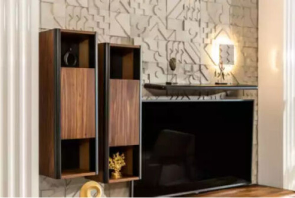 A beautiful loft-style TV wardrobe with wall shelves that will give your living room a chic look