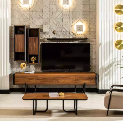 A beautiful loft-style TV wardrobe with wall shelves that will give your living room a chic look