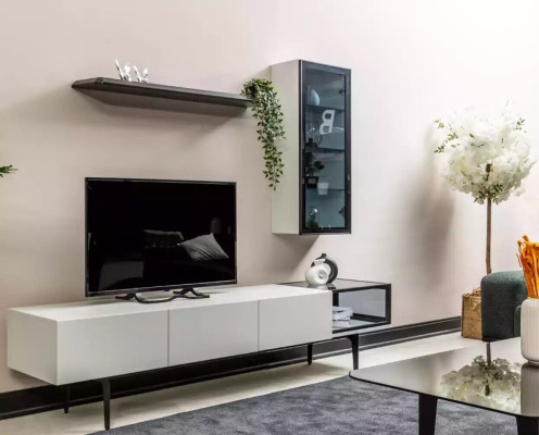 An incomparable TV wardrobe and shelves in a minimalist style