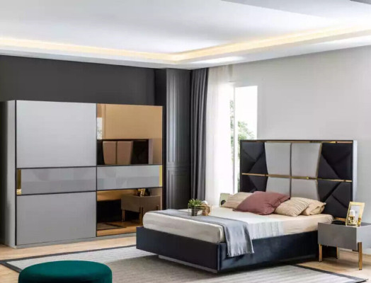 Perfect bedroom furniture set in gray tones with gold inlays