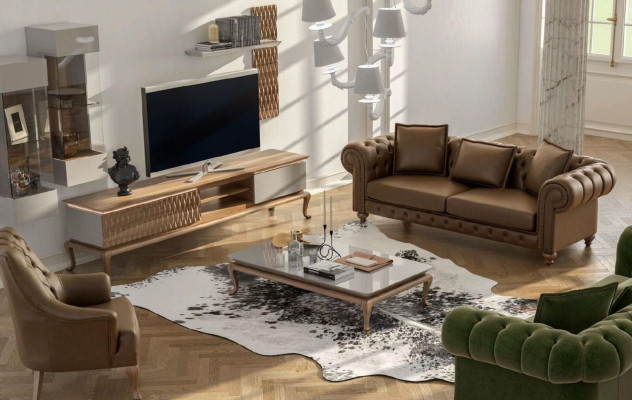 Brown Chesterfield Luxury Sofa Set Modern Three Seater Armchair Textile