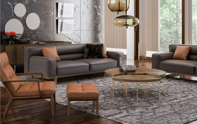 Brown Living Room Seating Set Luxurious 3-Seater Stivloller Armchair Upholstered Stool