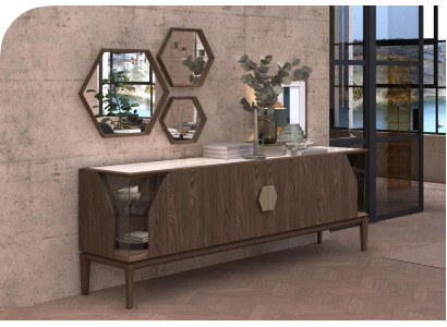 Luxury brown sideboard with glass elements storage space Dining room furniture Wood