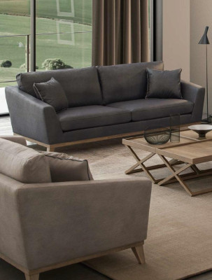Gray Imitation Leather Three Seater Living Room Sofa Modern Couch Style Furniture