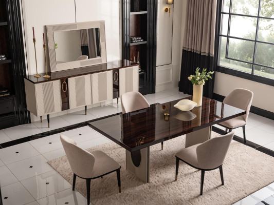 Dining corner Dining room Dining set Luxury Dining table Chairs Beige Wood Set 7pcs