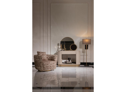Suite Living room Armchair Chest of drawers Mirror Beige Fabric Wood Relax 3pcs