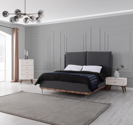 Gray and White Bedroom Suite Bed Bedside tables 4-drawers Chest of drawers
