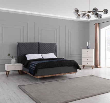 Bedroom Suite Black Double bed White 2x Wood Bedside tables