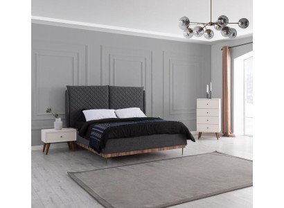 Bedroom Suite Black Double bed White 2x Wood Bedside tables