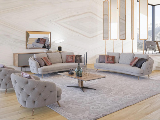 Designer gray upholstered furniture living room set 5 pieces 2x sofas luxury 2x armchair