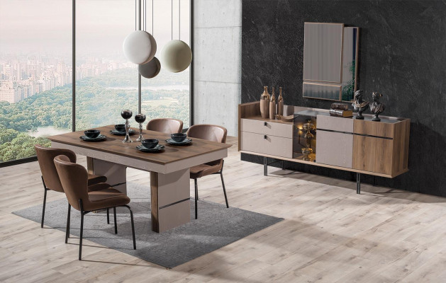 Modern Dining room Set Dining table 4x Chairs and Sideboard with Mirror 7pcs