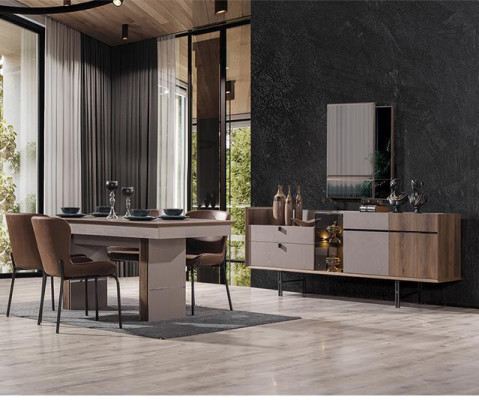 Modern Dining room Set Dining table 4x Chairs and Sideboard with Mirror 7pcs