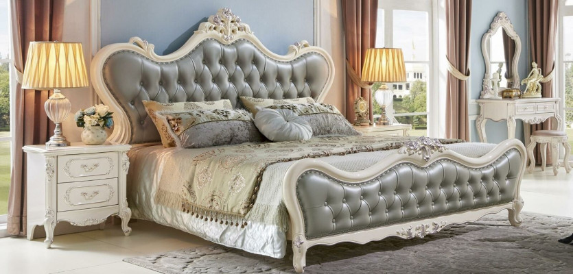 Bed Design Bedside table 3 pcs. Bedroom Set Modern Luxury Leather Solid wood