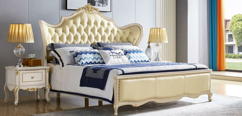 Bed Luxury Double Beds Upholstered bed Solid wood Leather Bedroom Chesterfield