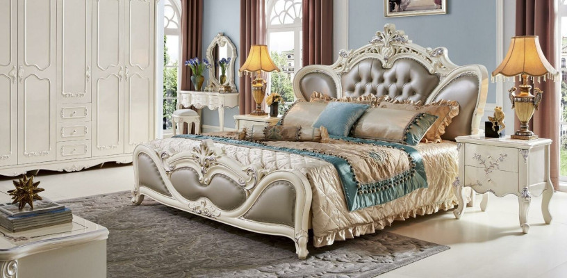 Classic s Bedroom Set 6 pieces. Bed with 2 bedside tables Luxury Complete Solid wood
