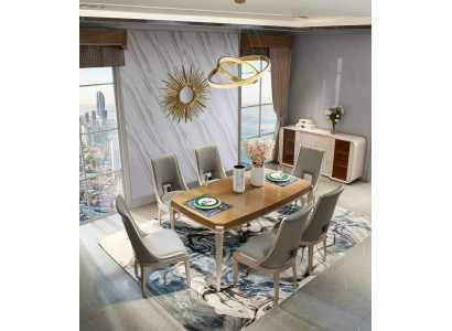 Dining table Suite Table 4x Chairs Dining room Suite Table Solid wood Leather 5pcs
