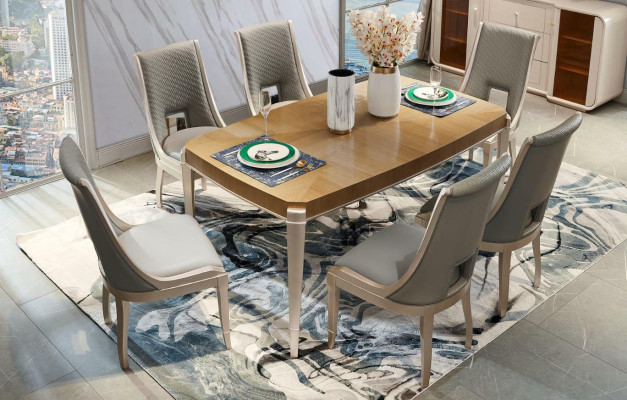 Dining table Suite Table 4x Chairs Dining room Suite Table Solid wood Leather 5pcs