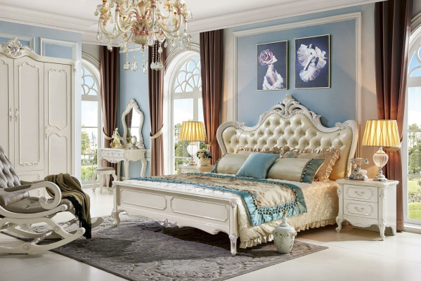 Bed Bedside table Wardrobe 6 pcs Bedroom Set Stool Baroque Solid wood