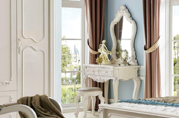 Bed Bedside table Wardrobe 6 pcs Bedroom Set Stool Baroque Solid wood