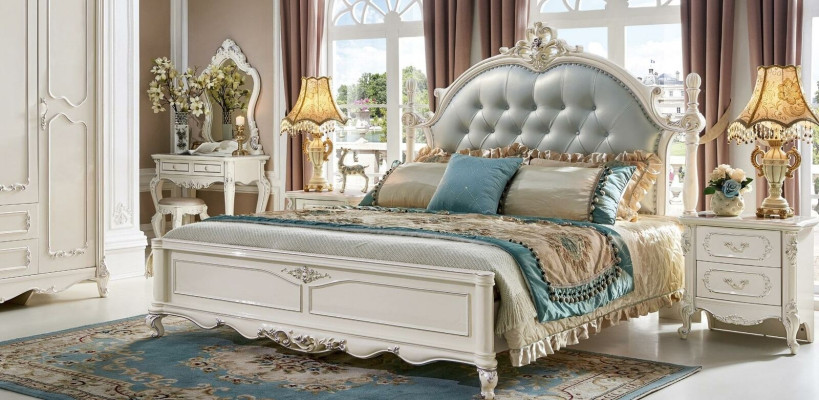 Luxury Bedroom Bed Double bed Real Handcraft Wood Leather Upholstery Beds