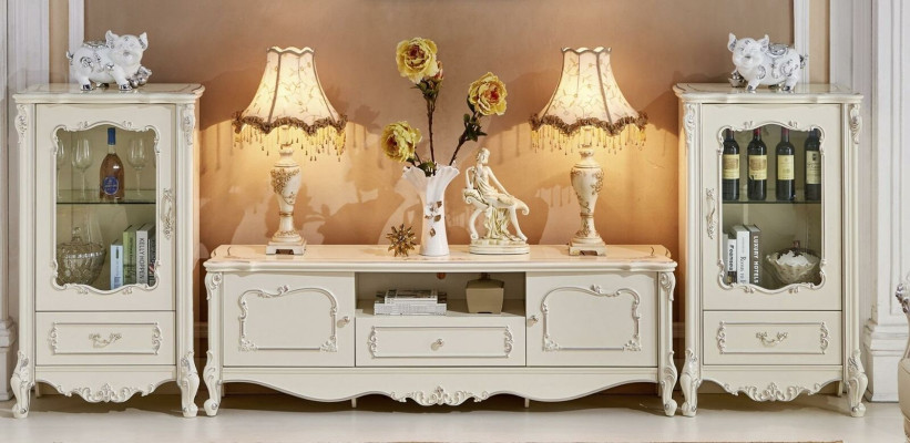 Classic Living room Furniture White Wood Showcase Gold Display case Wardrobe