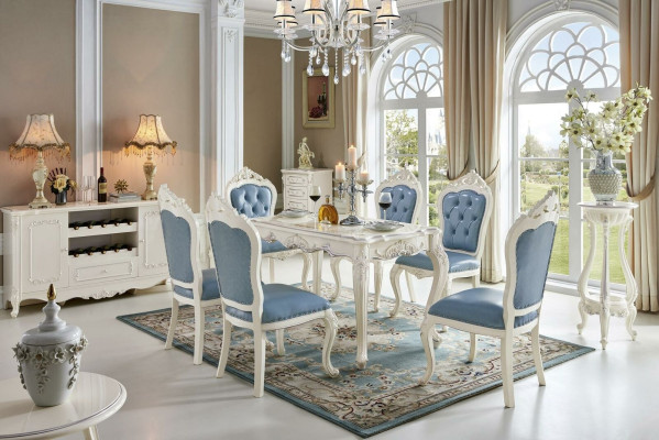 Classic White -Blue e Dining room Furniture Designer Dining table with Chesterfield leather chairs