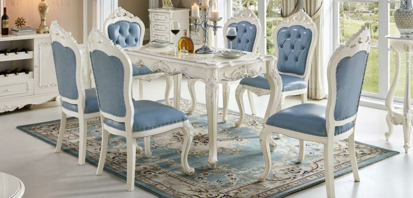 Classic White -Blue e Dining room Furniture Designer Dining table with Chesterfield leather chairs