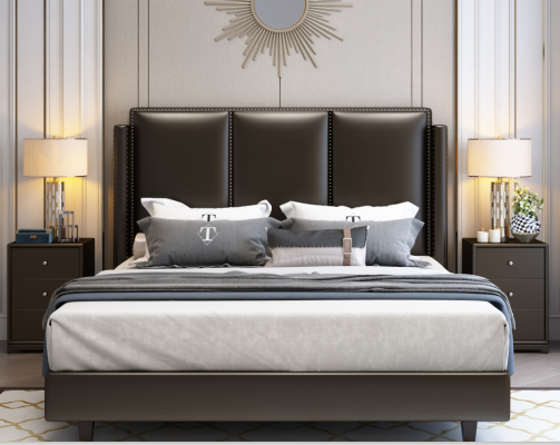 Modern Style Bed Double bed Bedroom Leather Upholstery Textile double beds