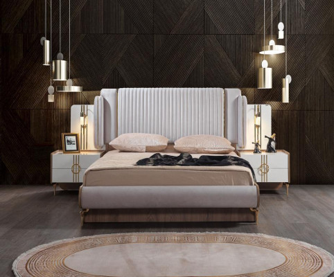 Bedroom Set Bed 2x Bedside table chest of drawers with Mirror Design Luxury 4-piece