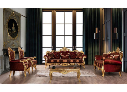 Bordeaux Red Sofa set Couch Gold Classic Furniture Table 5pcs.