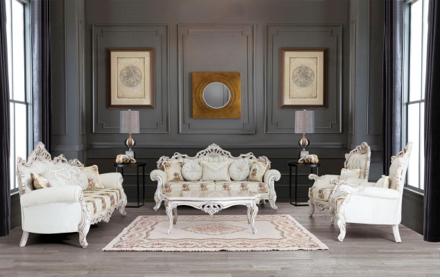 Baroque White Sofa set Couch Sofa Upholstery Furniture Armchair Table 5pcs.