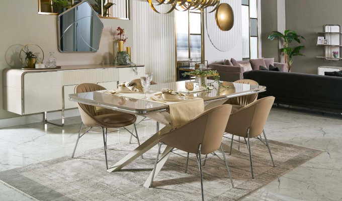 Dining set Dining room furniture Wood Dining table Dining corner Beige Dining room 9 pieces