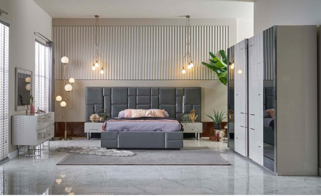 Double Bed Bed Frame Bedroom Gray Wood Set 6 Piece Wardrobe