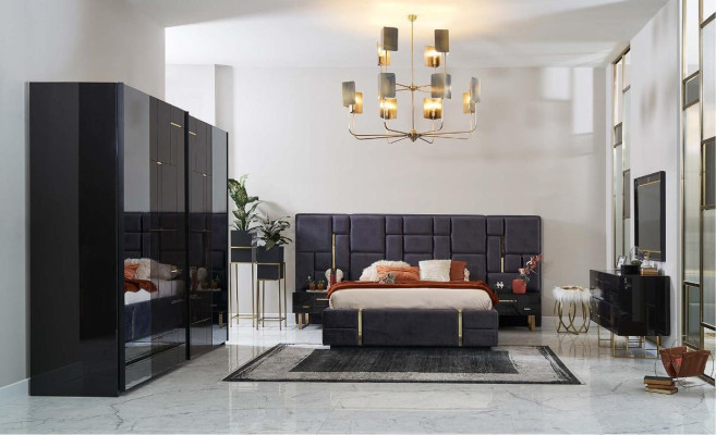 Luxury Double Bed Bed Frame Bedroom Wood Set 6pcs Black Design