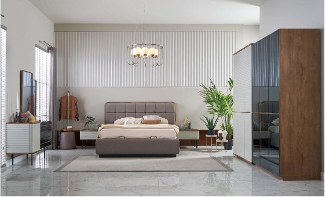 Suite Bedroom Bed Set 5pcs Double bed Brown Wood Bed Frame