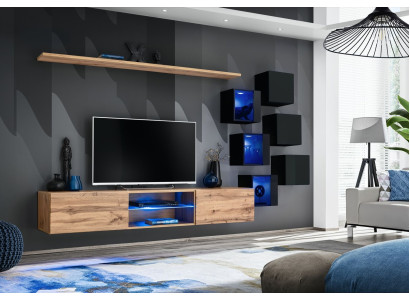 Wall unit brown shelves sideboard wall wardrobe luxury new TV lowboard wooden furniture