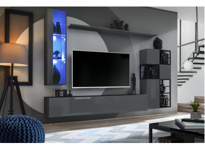 Designer Gray Wall Unit Hanging Display Cabinet TV Stand Complete High Gloss Sideboard