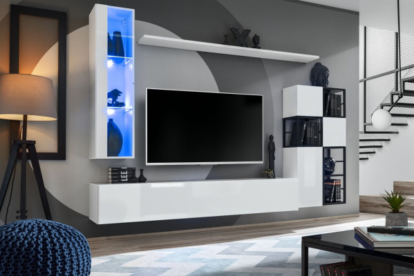 Hanging Display case White Wall unit Designer TV Stand Complete 9-piece wooden furniture shelves