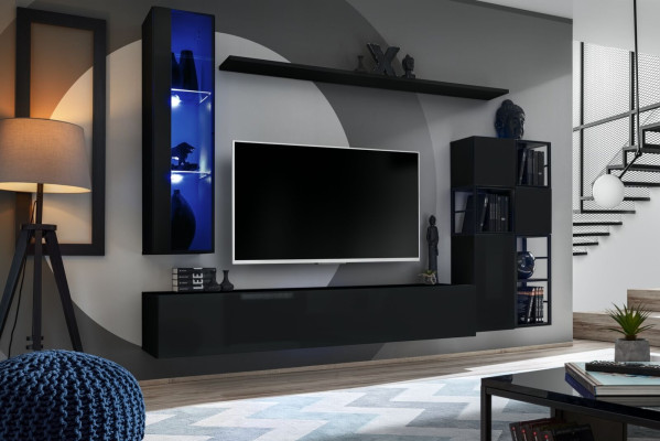 Suite Living room Wall unit 250 cm Black Furnishings Wooden furniture wall cabinet
