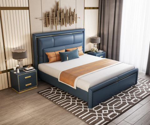 Bedroom Set Bed 2x Bedside table 3 pcs Design Modern Luxury Blue Gold