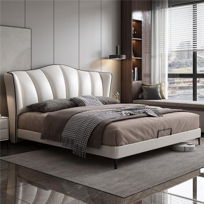 Bedroom Bed Leather Luxury Style Double bed beige Beds Furniture Furnishings