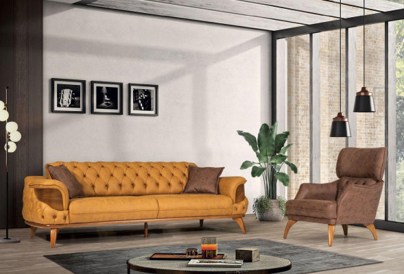 Modern Chesterfield couch set three-seater luxury sofas armchair yellow 2-piece