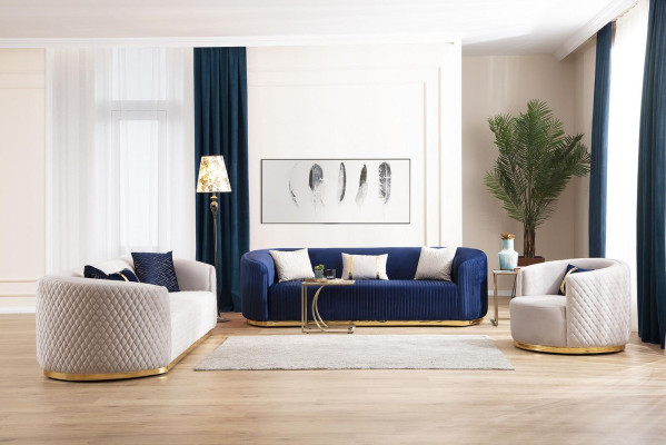 Sofa set three-seater armchair stainless steel furniture fabric seater blue 3+3+1