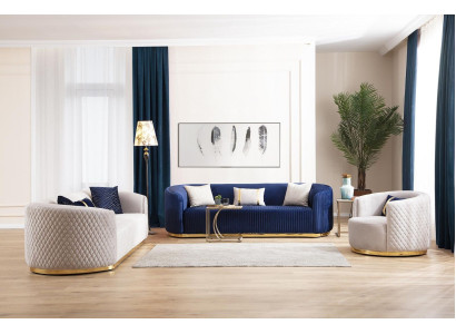 Sofa set three-seater armchair stainless steel furniture fabric seater blue 3+3+1