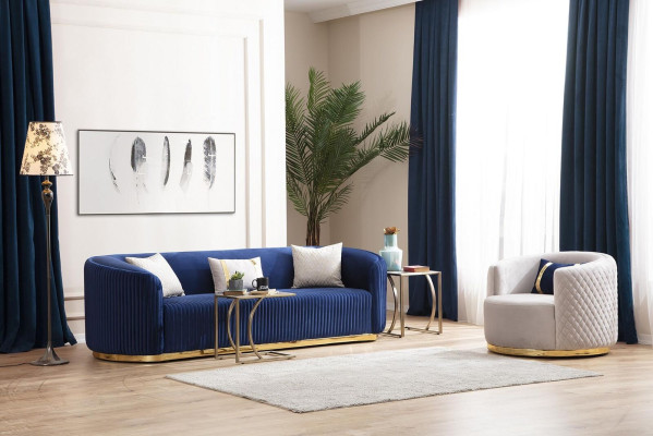Sofa set three-seater armchair stainless steel furniture fabric seater blue 3+3+1