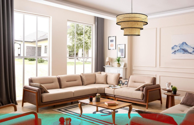 Luxury Corner sofa L-shape Beige Living room Furniture Couch Multifunction Couches Modern