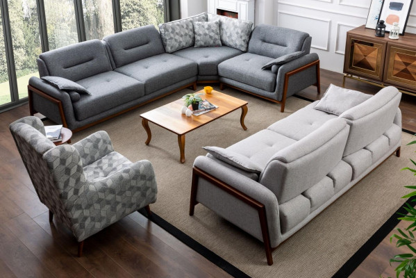 Living room Set Corner sofa L-shape Couch Gray Upholstery 3 +1 Seater Textile