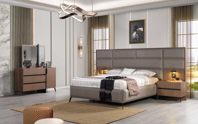 Brown Bedroom Wood Furniture Textile Bed Bedside tables Chest of drawers Wardrobe